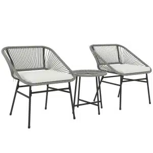 Outsunny 3-Delig Outdoor Meubelset, 1 Tafel, 2 Stoelen, Rotan Vlecht, Stalen Frame, Koffietafel Met Glazen Blad, Donkergrijs