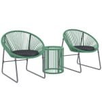 Outsunny 3-delig Buitenmeubelset, 1 Tafel, 2 Stoelen, Glazen Tafelblad, Kunststof-Rattan om Stalen Frame, Zachte Kussens, Groen