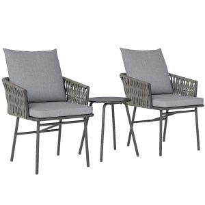Outsunny 3-delig Buitenmeubelset, 2 Stoelen, 1 Tafel, Bistroset, Kunst-Rattan, Stalen Frame, Metalen Tafel, 4 Kussens, Grijs