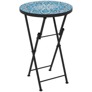 Outsunny Mozaïek Tuintafel, Opvouwbare Ronde Terrastafel met Metalen Frame en Keramisch Tafelblad, Mozaïekpatroon, Blauw