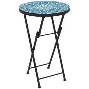 Outsunny Mozaïek Tuintafel, Opvouwbare Ronde Terrastafel met Metalen Frame en Keramisch Tafelblad, Mozaïekpatroon, Blauw