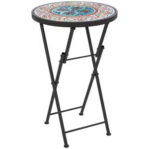 Outsunny Mozaïek Tuintafel, Opvouwbare ronde terrastafel met Metalen Frame en Keramische Tafelblad, Mozaïekpatroon, Meerkleurig