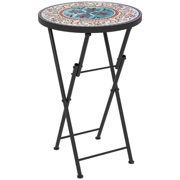 Outsunny Mozaïek Tuintafel, Opvouwbare ronde terrastafel met Metalen Frame en Keramische Tafelblad, Mozaïekpatroon, Meerkleurig