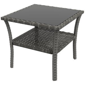 Outsunny Polyrattan tuintafel, 50 x 50 x 45cm, weersbestendige bijzettafel voor 4 personen, vierkant met opberglade en glasplaat