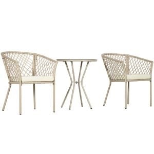 Outsunny Rattan tuinmeubelset, 2 comfortabele stoelen en tafel, gehard glas, waterafstotende zitkussens, stevig metalen frame, khaki | Aosom.nl