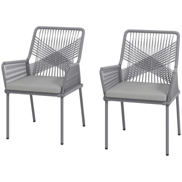 Outsunny Set van 2 Tuinstoelen, Terrasstoelen met Wasbare Kussens, Rug- en Armleuningen, Staal, Rattan, Donkergrijs