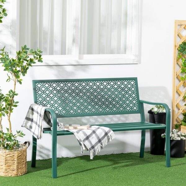 Outsunny Stalen Tuinbank, 2-zits parkbank met rugleuning, armleuningen, Bloemmotief, tot 240 kg, 127 x 63 x 83 cm, Donkergroen | Aosom.nl
