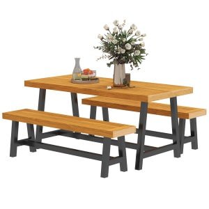 Outsunny Tuinmeubelset 3-delig Hout Eetgroep voor 4 Personen Eettafel met 2 Banken Teak