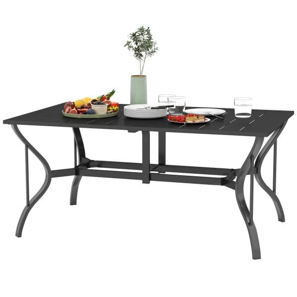 Outsunny Tuintafel Staal 150x90 cm Weerbestendige Balkontafel met Parasolgat, Lamellendesign voor 6 Personen Zwart