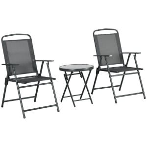 Outsunny Weerbestendig Bistro-Set 3-delig van Metaal met Opklapbare Glastafel en Tuinstoelen, Donkergrijs