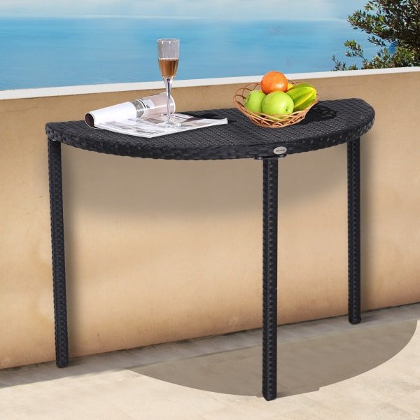 Outsunny balkontafel, halfrond, weerbestendig poly-rotan met metalen frame, perfect voor buiten, 100 x 50 x 74 cm, zwart | Aosom.nl