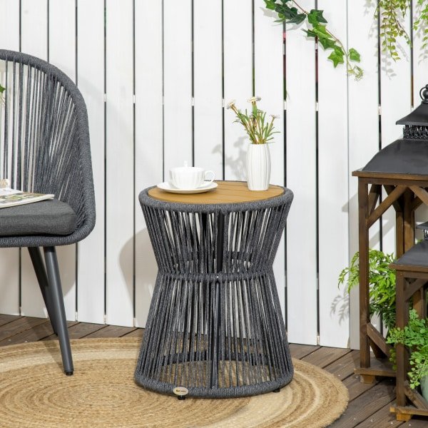 Outsunny boho-stijl tuintafel, weerbestendig, stevig PE-rotan, perfect voor buiten, 39 x 39 x 49 cm, zwart, naturel | Aosom.nl