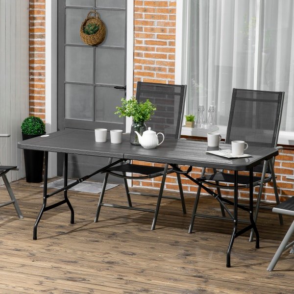 Outsunny buitentafel, opvouwbaar, ruimte voor 6 personen, weerbestendig, houtlook, 180 x 75,5 x 73 cm, donkergrijs | Aosom.nl