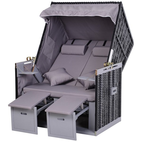 Outsunny dubbele ligstoel, verstelbaar, met bekerhouders, weerbestendig, inclusief beschermhoes, 200 x 130 x 30 cm, grijs | Aosom.nl