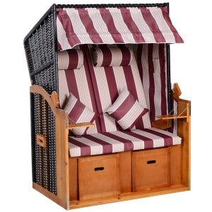 Outsunny dubbele ligstoel, verstelbaar met dak, comfortabele chaise longue, weerbestendig PE rotan, 195 x 120 x 150 cm, rood | Aosom.nl