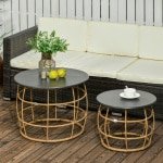 Outsunny set van 2 tuintafels, boho-stijl, weerbestendig, stapelbaar, perfect voor buiten, 60 x 60 x 47 cm, naturel, donkergrijs | Aosom.nl