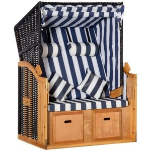 Outsunny strandstoel met dak, UV-bestendig, rotan look, inklapbaar met klaptafel, comfortabel, 118 x 79 x 150 cm, blauw | Aosom.nl
