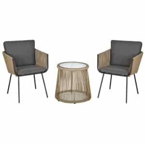 Outsunny tuinmeubelset 3-delige, 2 stoelen met rugkussens, bijzettafel met gehard glas, weerbestendig, comfortabel, kunstrotan, grijs | Aosom.nl