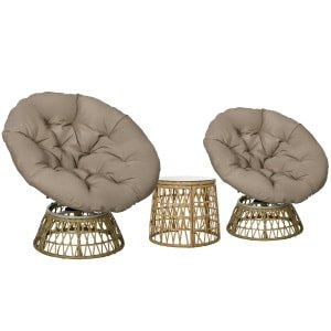 Outsunny tuinmeubelset, 3-delige bistroset, weerbestendig, afneembare kussens, comfortabel, 85 x 70 x 82 cm, natuurlijk, lichtbruin | Aosom.nl
