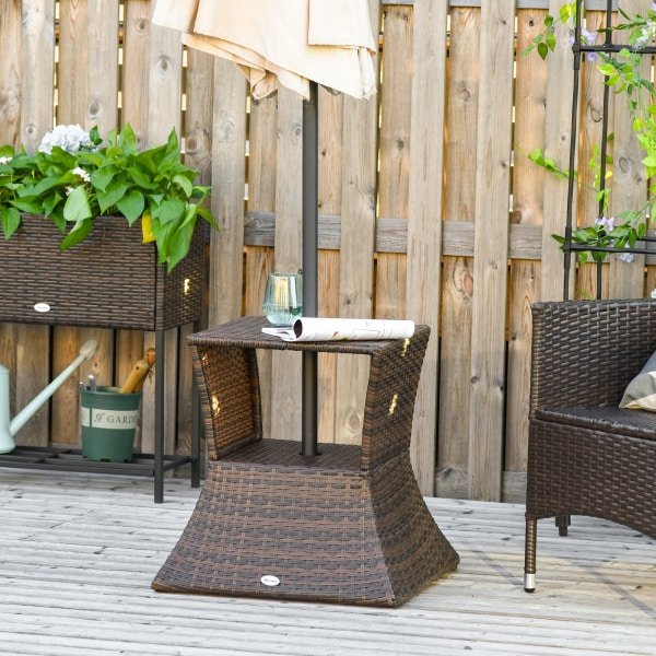 Outsunny tuintafel, multifunctionele bijzettafel met zonneschermstandaard, weerbestendig poly-rotan, 54 x 54 x 55 cm, bruin | Aosom.nl