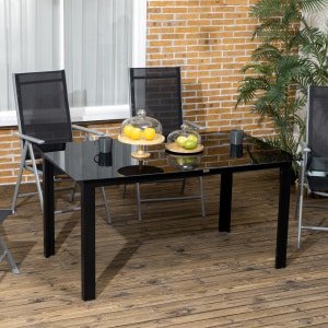 Outsunny tuintafel, weerbestendig, voor 6 personen, gehard glas, eenvoudig te reinigen, 150 x 90 x 74 cm, zwart | Aosom.nl