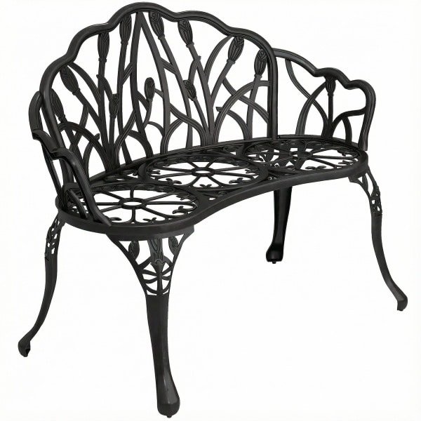 Outsunny Tuinbank 2-zits gietaluminium weerbestendige buitenzitbank met tulp-rugleuning bloemenmotief 99 x 57 x 78 cm