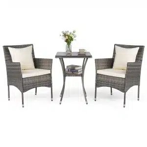 3-Delige Tuinset 2 Rotan Tuinstoelen en Een Bijzettafel met Blad van Gehard Glas Een Loungeset voor Terras Tuin Veranda of Zwembad-Wit