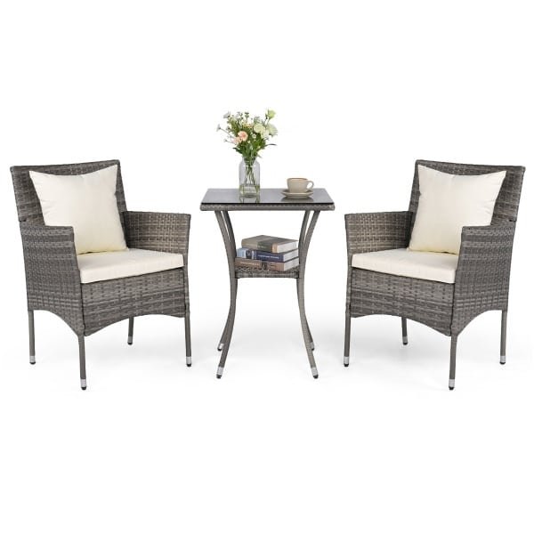 3-Delige Tuinset 2 Rotan Tuinstoelen en Een Bijzettafel met Blad van Gehard Glas Een Loungeset voor Terras Tuin Veranda of Zwembad-Wit