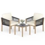 3-Delige Tuinset Bistroset voor Buiten van Gevlochten Touw met Kussens Buitentafel en -Stoelen