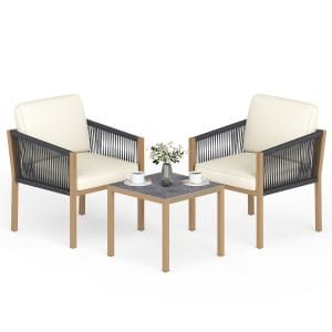 3-Delige Tuinset Bistroset voor Buiten van Gevlochten Touw met Kussens Buitentafel en -Stoelen
