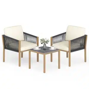 3-Delige Tuinset Bistroset voor Buiten van Gevlochten Touw met Kussens Buitentafel en -Stoelen