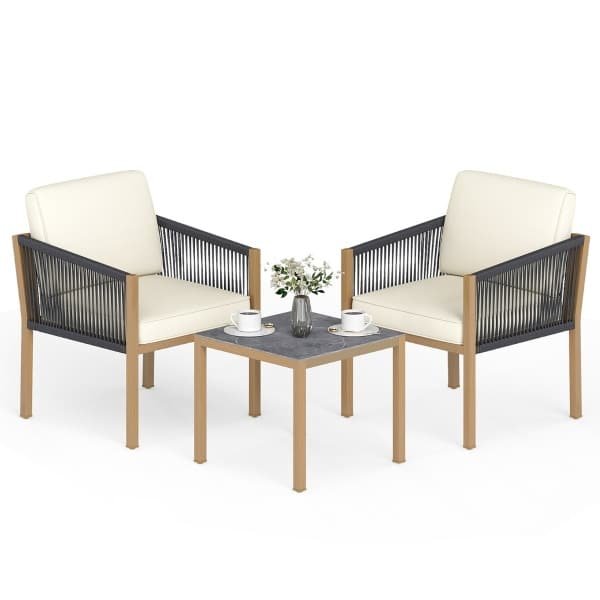 3-Delige Tuinset Bistroset voor Buiten van Gevlochten Touw met Kussens Buitentafel en -Stoelen