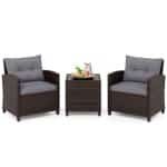 3-Delige Tuinset Rotan Bistroset met 2 Stoelen en 1 Tafel met Gehard Glazen Blad en Kussens Loungeset voor Balkon Tuin Grijs