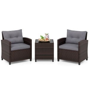 3-Delige Tuinset Rotan Bistroset met 2 Stoelen en 1 Tafel met Gehard Glazen Blad en Kussens Loungeset voor Balkon Tuin Grijs