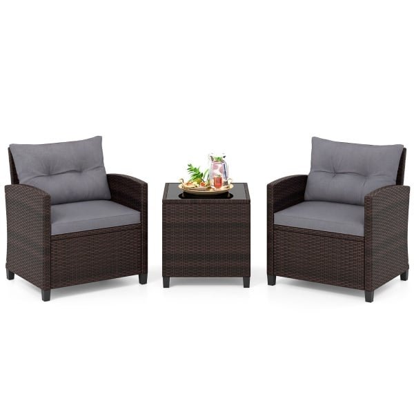 3-Delige Tuinset Rotan Bistroset met 2 Stoelen en 1 Tafel met Gehard Glazen Blad en Kussens Loungeset voor Balkon Tuin Grijs