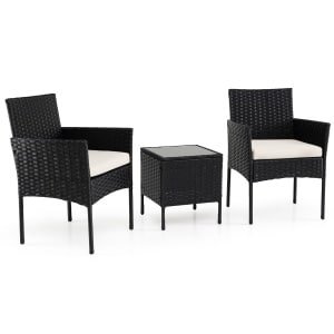 3-Delige Tuinset met Tafel en 2 Comfortabele Stoelen van Gehard Glas Afneembare Kussens Metalen Frame-Beige