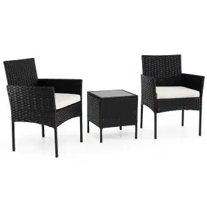 3-Delige Tuinset met Tafel en 2 Comfortabele Stoelen van Gehard Glas Afneembare Kussens Metalen Frame-Beige