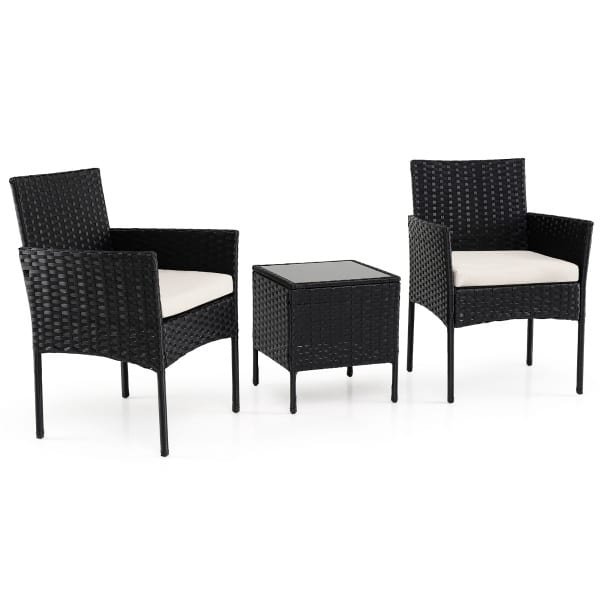 3-Delige Tuinset met Tafel en 2 Comfortabele Stoelen van Gehard Glas Afneembare Kussens Metalen Frame-Beige