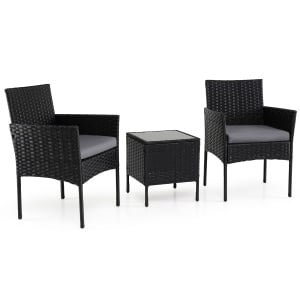 3-Delige Tuinset met Tafel en 2 Comfortabele Stoelen van Gehard Glas Afneembare Kussens Metalen Frame-Grijs