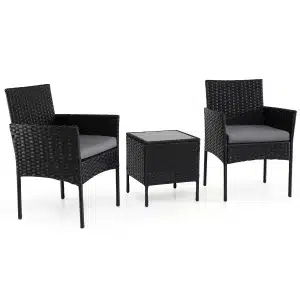 3-Delige Tuinset met Tafel en 2 Comfortabele Stoelen van Gehard Glas Afneembare Kussens Metalen Frame-Grijs