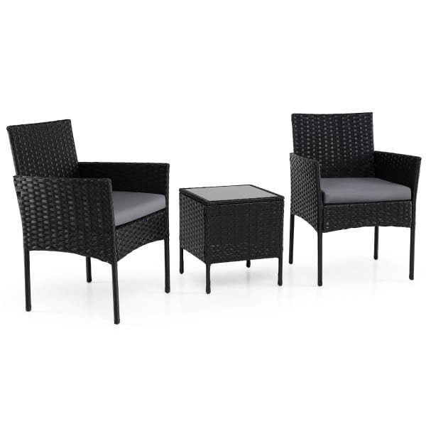 3-Delige Tuinset met Tafel en 2 Comfortabele Stoelen van Gehard Glas Afneembare Kussens Metalen Frame-Grijs