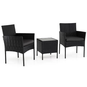 3-Delige Tuinset met Tafel en 2 Comfortabele Stoelen van Gehard Glas Afneembare Kussens Metalen Frame-Zwart