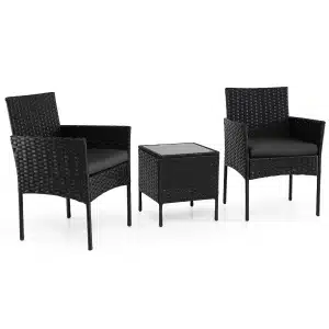 3-Delige Tuinset met Tafel en 2 Comfortabele Stoelen van Gehard Glas Afneembare Kussens Metalen Frame-Zwart