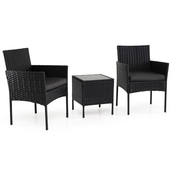 3-Delige Tuinset met Tafel en 2 Comfortabele Stoelen van Gehard Glas Afneembare Kussens Metalen Frame-Zwart