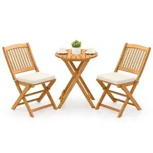 3-delige Opklapbare Bistroset van Acaciahout Tuinset met Kussens Buitenterrasmeubelset met Tafel en 2 Stoelen voor Balkon Beige