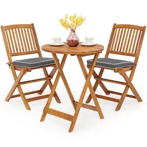 3-delige Opklapbare Bistroset van Acaciahout Tuinset met Kussens Buitenterrasmeubelset met Tafel en 2 Stoelen voor Balkon Grijs
