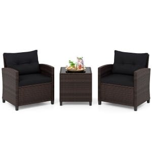 3-delige Rotan Tuinmeubelset met 2 Fauteuils en Tafel Tuinset voor 2 Personen Terrasmeubelen met Kussens voor Tuin en Balkon Zwart