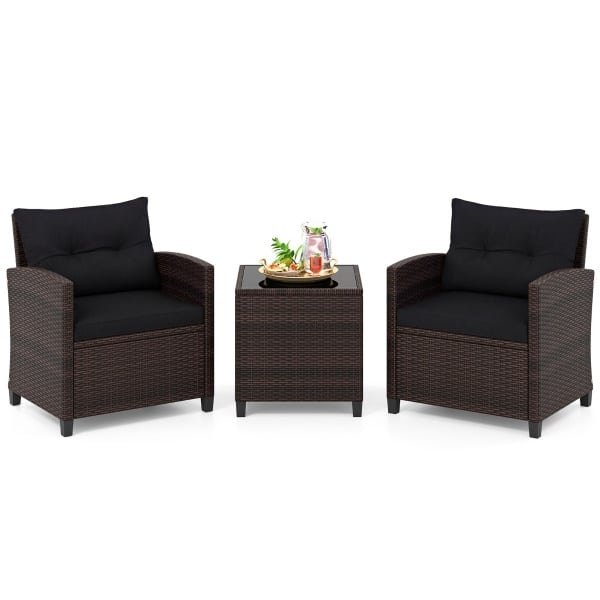 3-delige Rotan Tuinmeubelset met 2 Fauteuils en Tafel Tuinset voor 2 Personen Terrasmeubelen met Kussens voor Tuin en Balkon Zwart