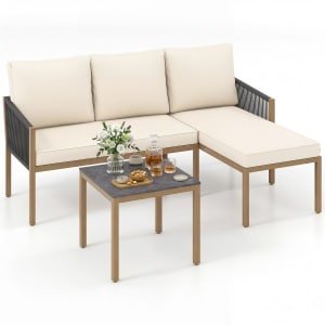 3-delige Tuinmeubelset Tuinset met Bijzettafel Balkonmeubelset met Metalen Frame Tuinlounge-set met Kussens