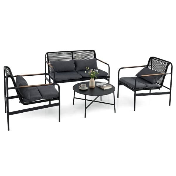 4-Delige Tuinset Loveseat & 2 Fauteuils met Salontafel Metalen Frame Kussens PE-Rotan Buitenbank